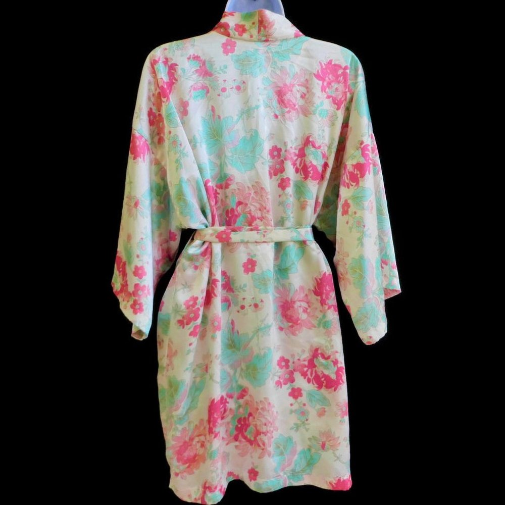 LA Intimates Vintage 80s Satin Pastel Floral Slip Robe Tie Belt 3pc Set USA - Picture 3 of 8